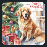 Golden Retriever Christmas Waterverf Vierkante Sticker<br><div class="desc">Golden Retriever Christmas Waterverf Classic Sticker</div>