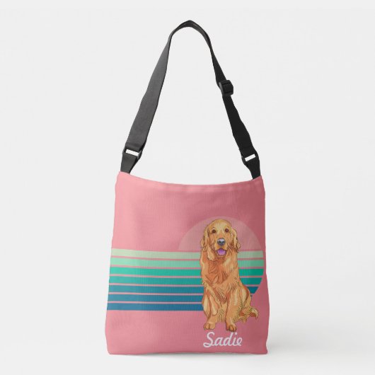 Golden Retriever Custom Name Retro Stripe Pink Crossbody Tas (Voorkant)