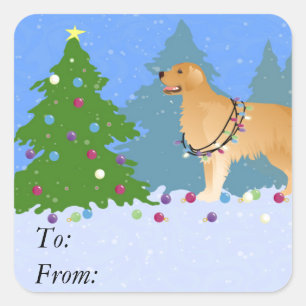 Golden Retriever die kerstboom decorreert Vierkante Sticker