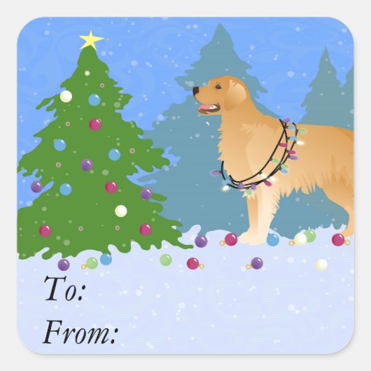 Golden Retriever die kerstboom decorreert Vierkante Sticker (Voorkant)