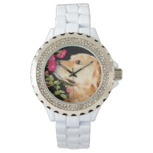 Golden retriever die Rozen snuiven Horloge