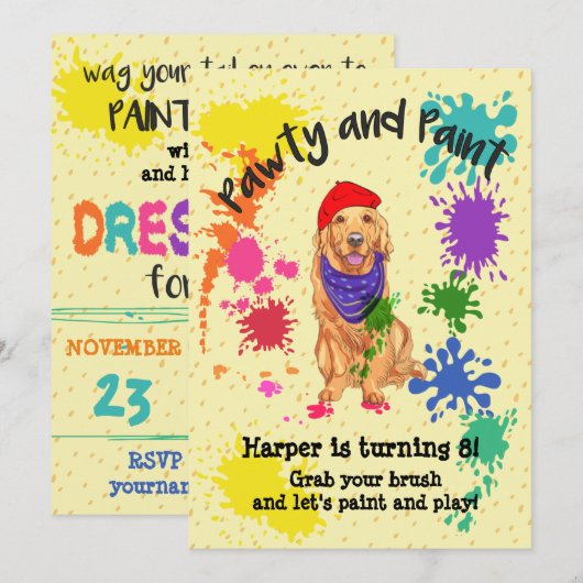 Golden Retriever Dog Art Birthday Party Invitation Kaart (Voorkant / Achterkant)