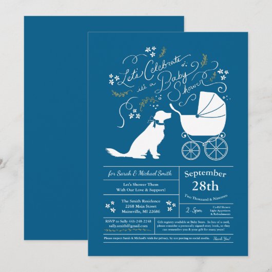 Golden Retriever Dog Baby shower Blauw Kaart (Voorkant / Achterkant)