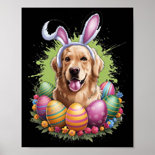 Golden Retriever Dog Bunny Ears Easter Eggs Spring Poster (Voorkant)
