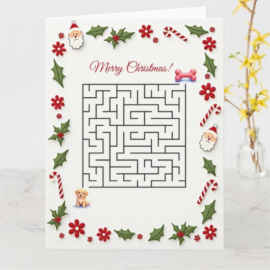 Golden Retriever Dog Christmas Maze Puzzle Holiday Kaart (Gele Bloem)