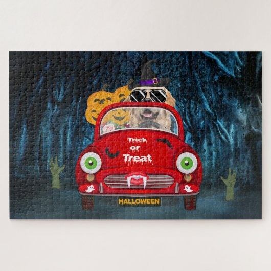 Golden Retriever Dog Driving Car Scary Halloween Legpuzzel (Horizontaal)