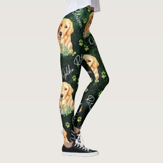 Golden Retriever Dog, Eucalyptus Leaves, Paw Print Leggings (Rechts)