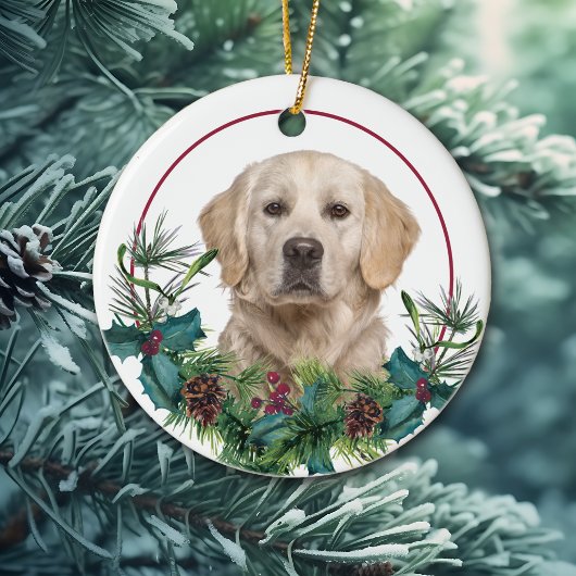 Golden Retriever Dog Evergreen Berry Wreath Keramisch Ornament