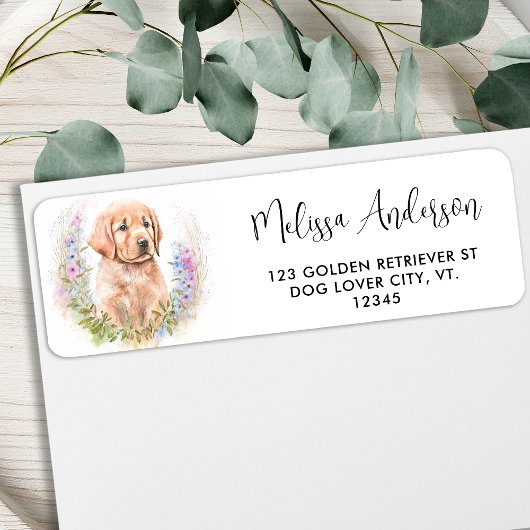 Golden Retriever Dog Floral Puppy Return Address Etiket