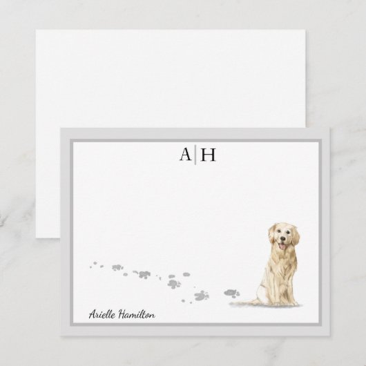 Golden Retriever Dog Gray Border Monogram Aangepas Notitiekaartje (Voorkant / Achterkant)