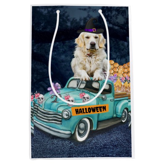 Golden Retriever Dog Halloween Truck Scary Night Medium Cadeauzakje (Voorkant)