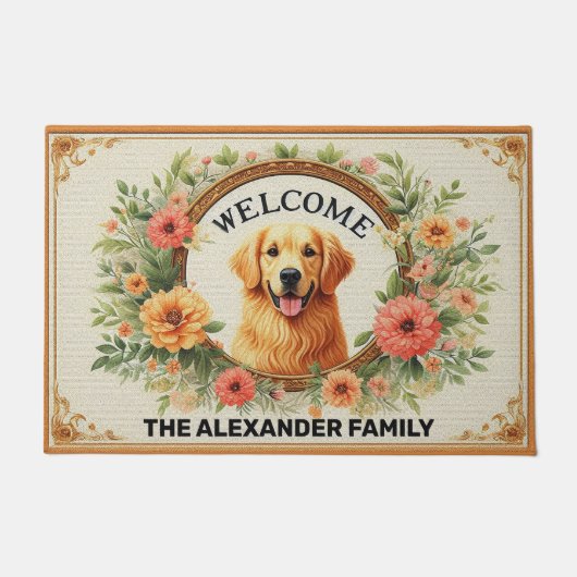 Golden Retriever Dog Home Lief, Bloemen Welkom Deurmat (Voorkant)