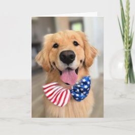 Golden Retriever Dog in Independence Day Bow Strop Kaart