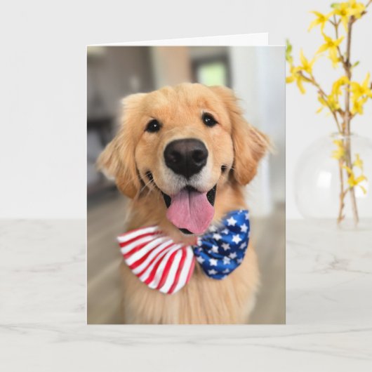 Golden Retriever Dog in Independence Day Bow Strop Kaart (Gele Bloem)
