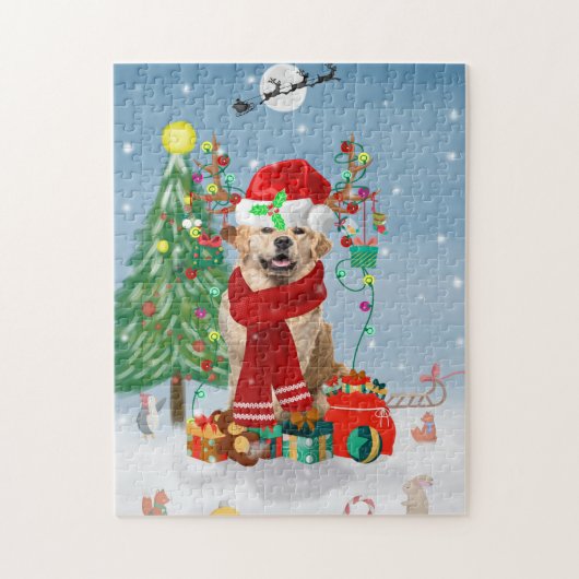 Golden Retriever Dog in sneeuw met kerstcadeaus Legpuzzel (Verticaal)