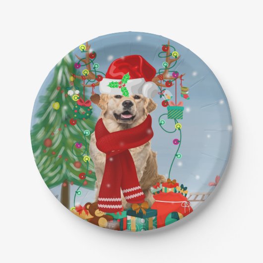 Golden Retriever Dog in sneeuw met kerstcadeaus Papieren Bordje (Voorkant)