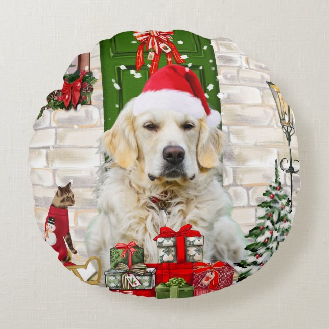 Golden Retriever Dog kerst Rond Kussen (Voorkant)