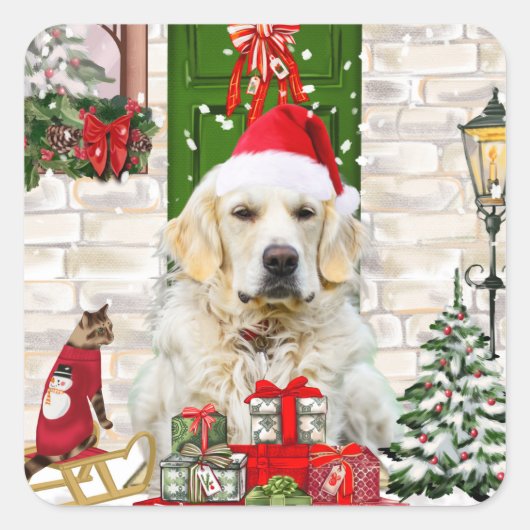 Golden Retriever Dog kerst Vierkante Sticker (Voorkant)