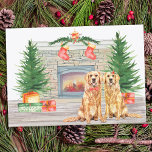 Golden Retriever Dog-kersthaard Feestdagenkaart<br><div class="desc">Stuur kerstfeestdagen met gouden honden in een waterverf. Deze gouden reclametekaart is uitgerust met twee labrador pups, een fireplace scène met vakantiebomen, kousen en cadeaus. Personaliseer uw familienaam. Deze gouden kerstkaart voor het terugwinnen van kerstmis zal een favoriet zijn onder gouden uitgaansliefhebbers, hondenliefhebbers en dierenvrienden. Bezoek ons collectie voor het...</div>