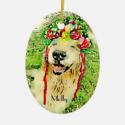 Golden Retriever Dog met bloeiende Waterverf Keramisch Ornament (Voorkant)