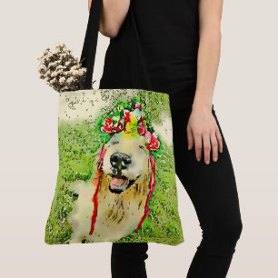 Golden Retriever Dog met bloeiende Waterverf Tote Bag