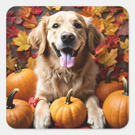 Golden Retriever Dog met pompoenen en herfstblader Vierkante Sticker