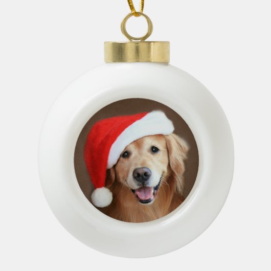 Golden Retriever Dog met Red Santa Hat Keramische Bal Ornament (Voorkant)