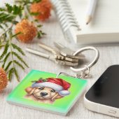 Golden Retriever Dog met Santa Claus Style-82535 Sleutelhanger (Voorkant Rechts)