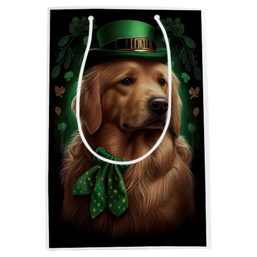 Golden Retriever Dog op St. Patrick's Day Medium Cadeauzakje (Voorkant)