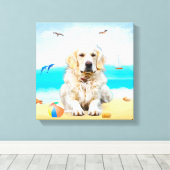 Golden Retriever Dog op strand Canvas Afdruk (Insitu (Houten vloer))