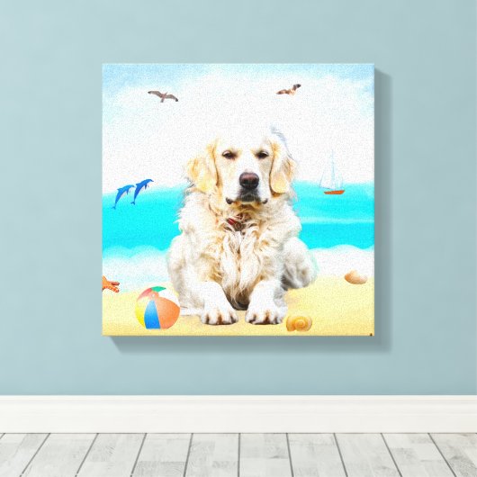 Golden Retriever Dog op strand Canvas Afdruk (Insitu (Houten vloer))