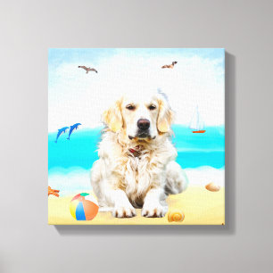 Golden Retriever Dog op strand Canvas Afdruk