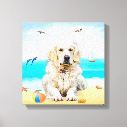 Golden Retriever Dog op strand Canvas Afdruk (Voorkant)