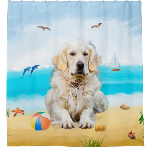 Golden Retriever Dog op strand Douchegordijn (Voorkant)