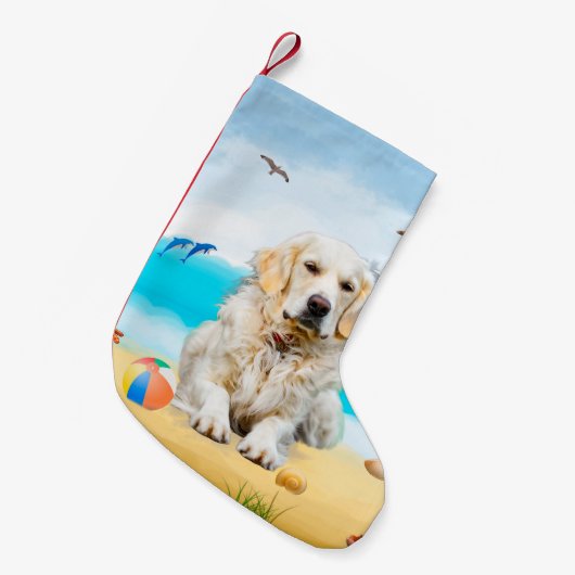 Golden Retriever Dog op strand Kleine Kerstsok (Voorkant (Hangend))