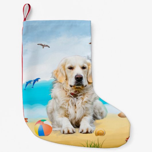 Golden Retriever Dog op strand Kleine Kerstsok (Voorkant)