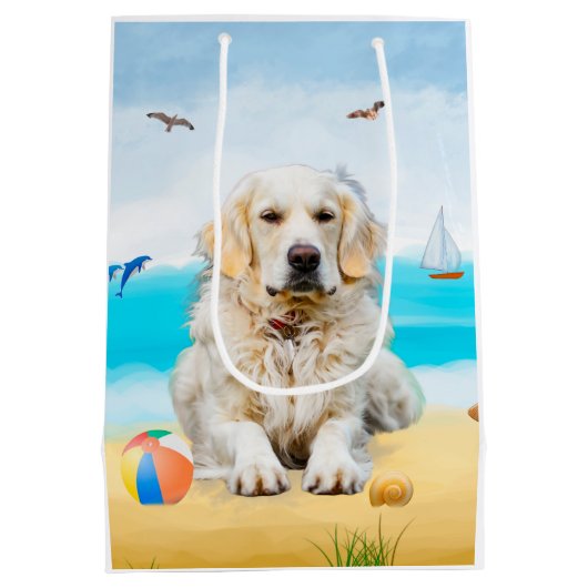 Golden Retriever Dog op strand Medium Cadeauzakje (Achterkant)