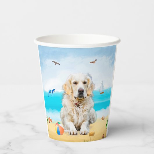 Golden Retriever Dog op strand Papieren Bekers (Achterkant)