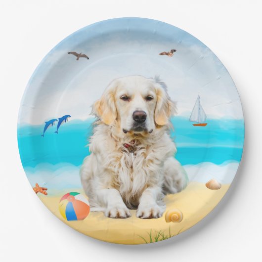 Golden Retriever Dog op strand Papieren Bordje (Voorkant)