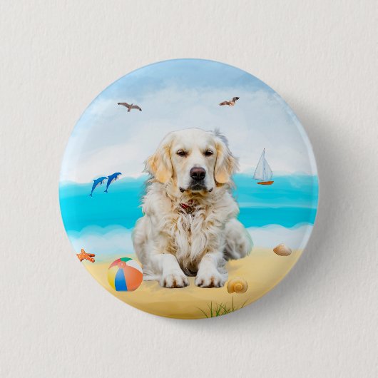 Golden Retriever Dog op strand Ronde Button 5,7 Cm (Voorkant)