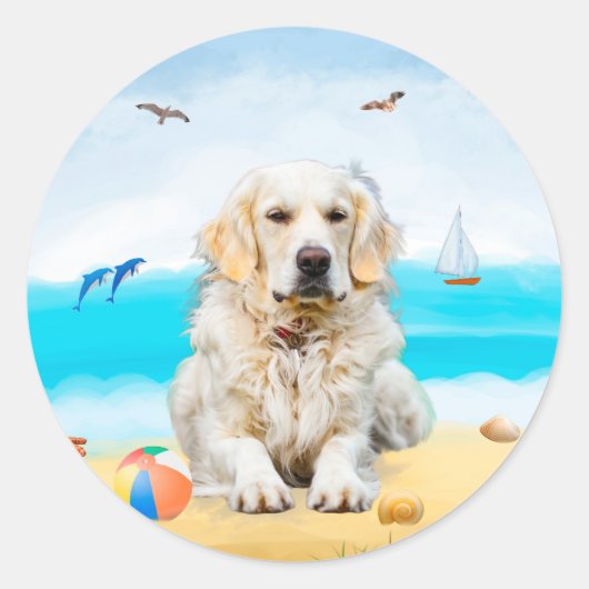 Golden Retriever Dog op strand Ronde Sticker (Voorkant)