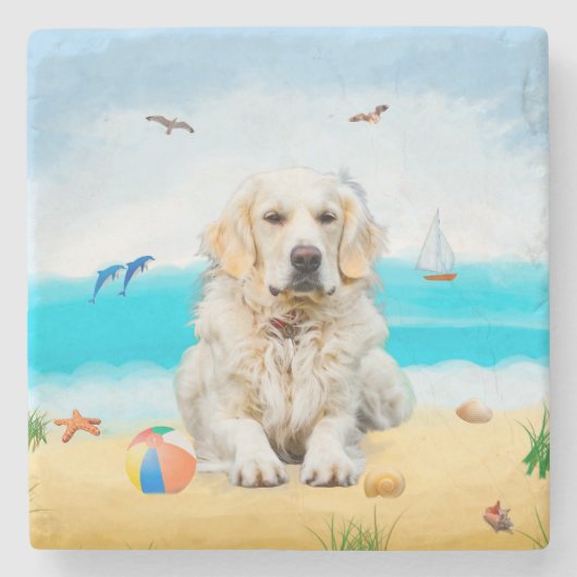 Golden Retriever Dog op strand Stenen Onderzetter (Voorkant)