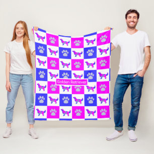 Golden Retriever Dog & Paw Print Hot Pink en Blue Fleece Deken