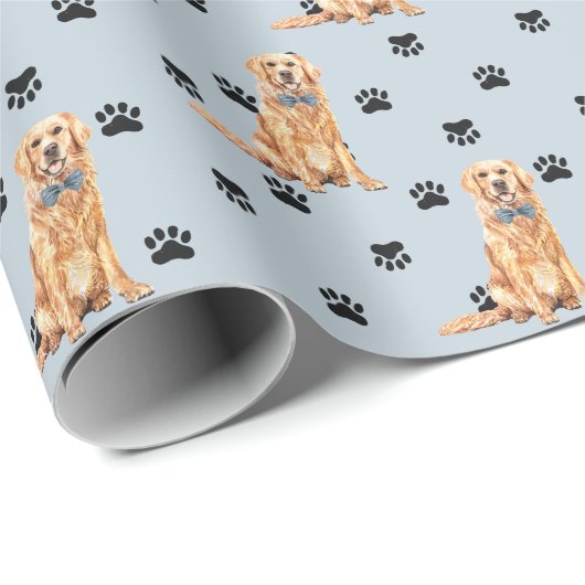 Golden Retriever Dog Paw Print Pattern op Silver Cadeaupapier (Rol Hoek)