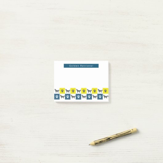Golden Retriever Dog & Paw Yellow & Blue Grid Post-it® Notes (Op bureau)