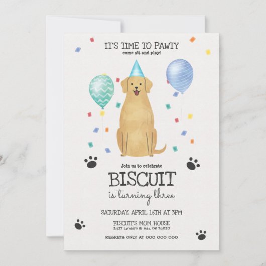 Golden Retriever Dog Pawty Puppy Birthday Blue Kaart (Voorkant)