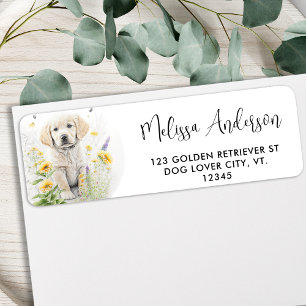 Golden Retriever Dog Puppy Flowers Return Address Etiket