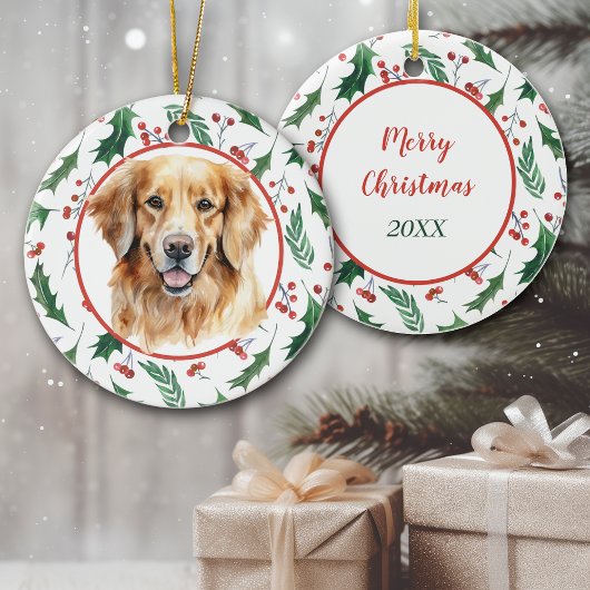 Golden Retriever Dog Red Berry Holly Border Keramisch Ornament