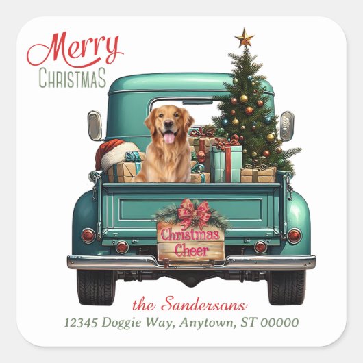 Golden Retriever Dog Retro Truck Kerst Plein Vierkante Sticker (Voorkant)