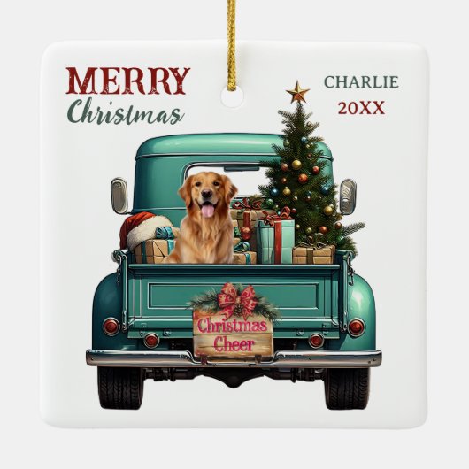 Golden Retriever Dog Retro Truck Kerstmis Keramisch Ornament (Achterkant)